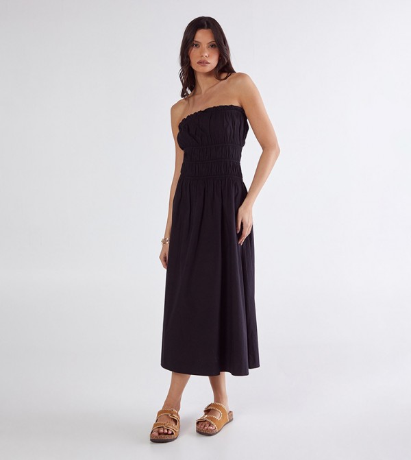 Poplin Bandeau Ruched Midi Dress