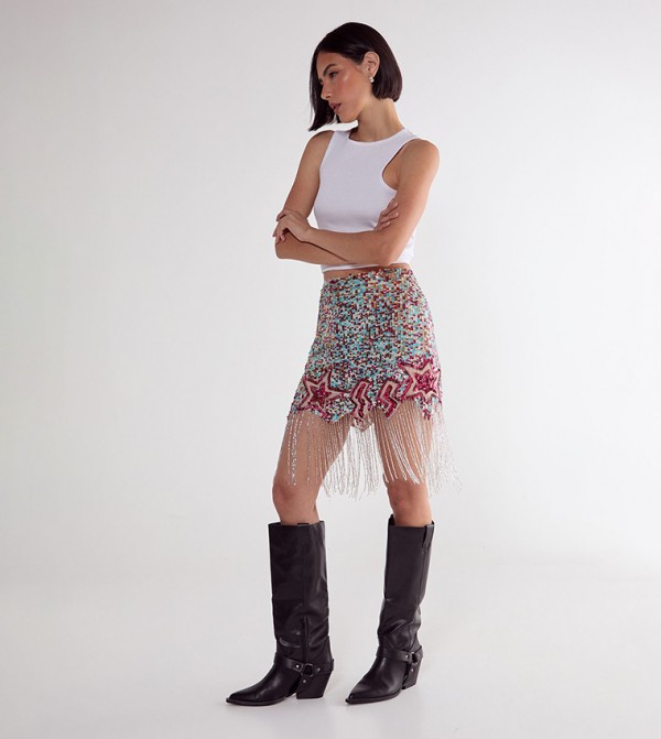 Sequined Star Lightening Bolt Tassel Mini Skirt