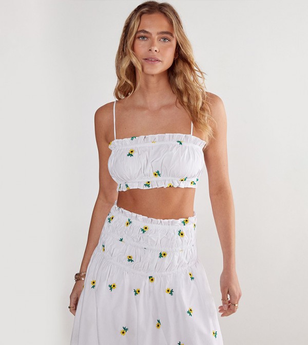 Sunflower Embroidered Ruched Crop Top