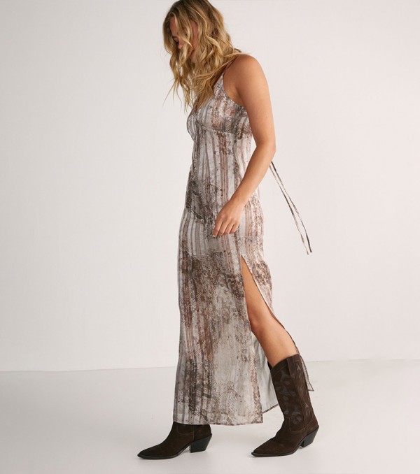 Snake Printed Sheer Strappy Maxi Slip Dress