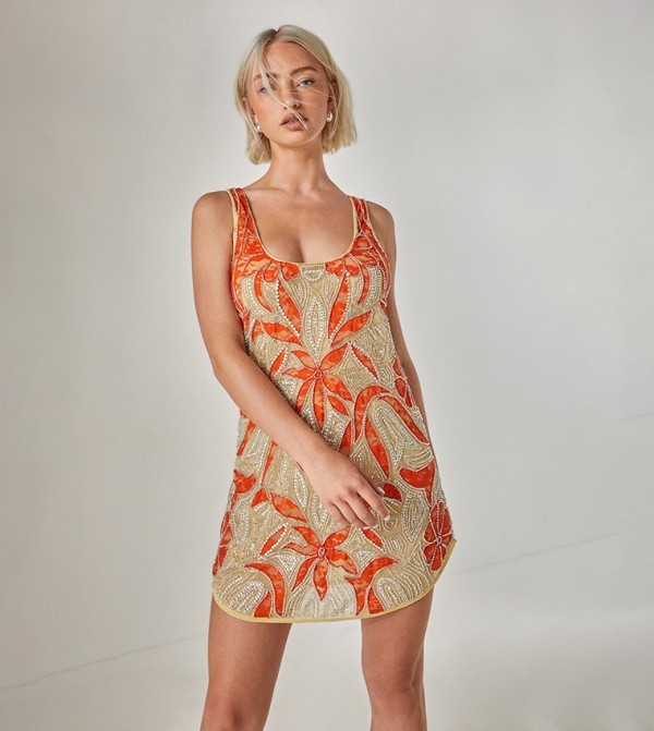Vintage Lace Beaded Curved Hem Mini Dress