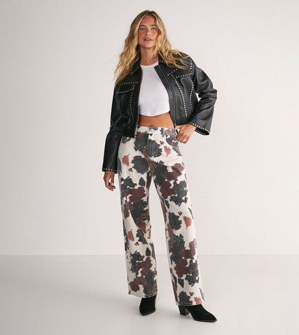 Cow Printed Straight Fit Jeans