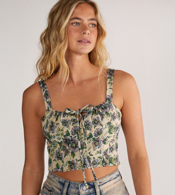 Floral Print Tapestry Ruched Tie Front Crop Top