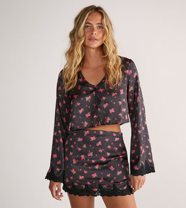 Satin Floral Print Lace Trim Button Through Crop Top