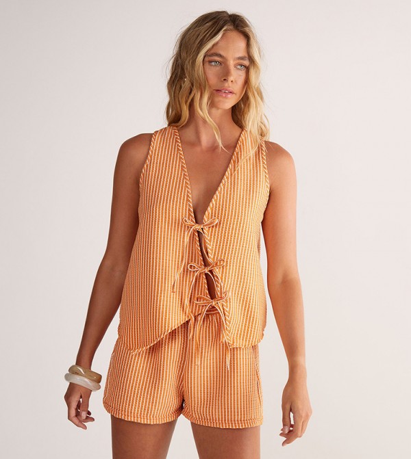 Striped Asymmetric Tie Front Top