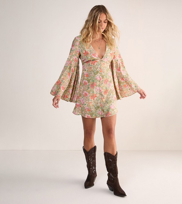 Vintage Floral Print Button Through Flared Sleeves Mini Dress