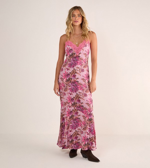 Floral Printed Cutwork Lace Strappy Maxi Dress
