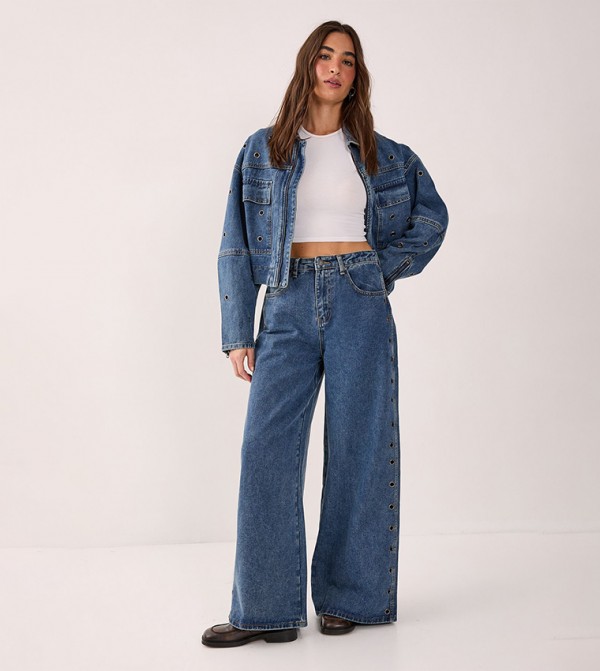 High Waist Eyelet Wide Leg Jeans