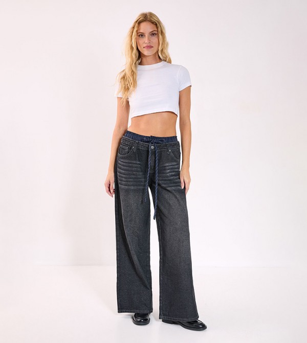 Stone Wash Boxer Striped Waistband Wide Leg Jeans