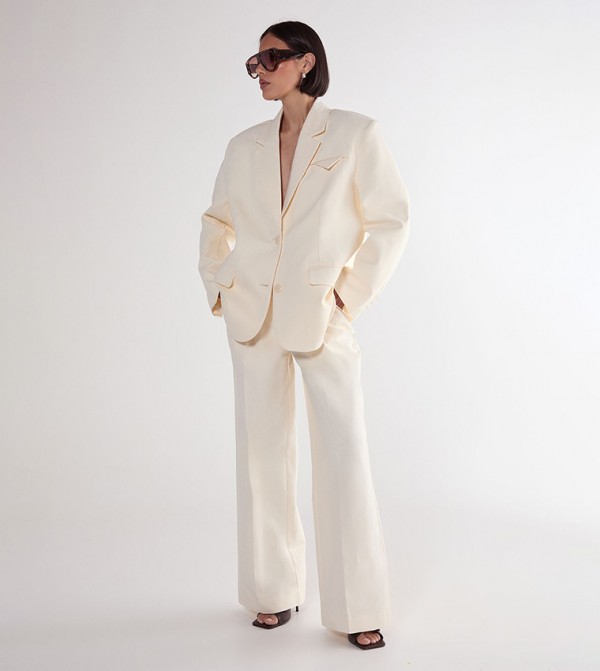 Cotton Twill Buckle Tailored Wide Leg Trousers