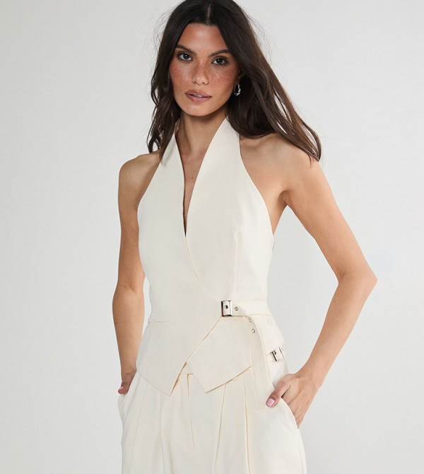 Peached Twill Buckle Halterneck Top