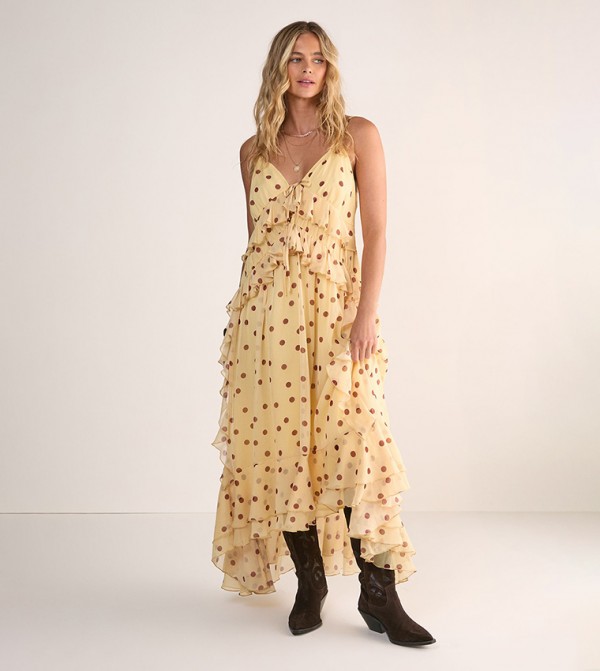 Polka Dot Ruffled Tie Front Maxi Dress