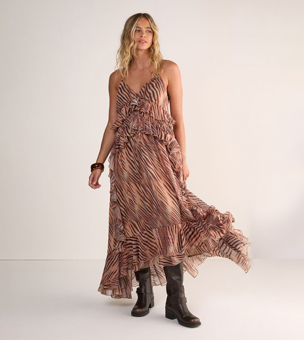 Zebra Ruffled Strappy Maxi Dress