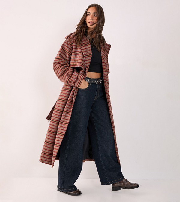 Check Vinyl Collar Trench Coat