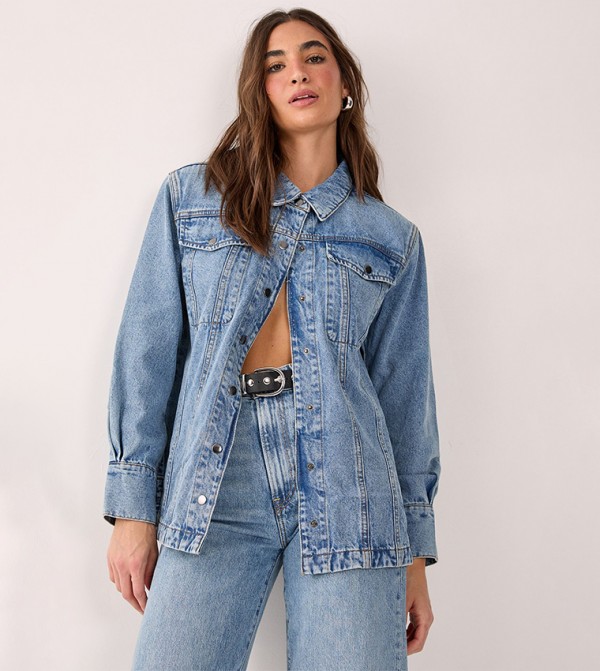 Washed Shoulder Pad Denim Shirt
