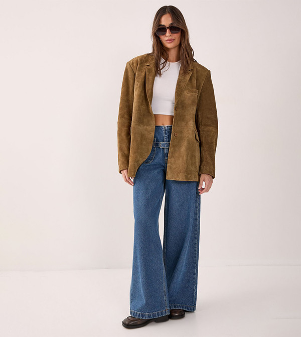 Buckle Detail High Waist Wide Leg Jeans