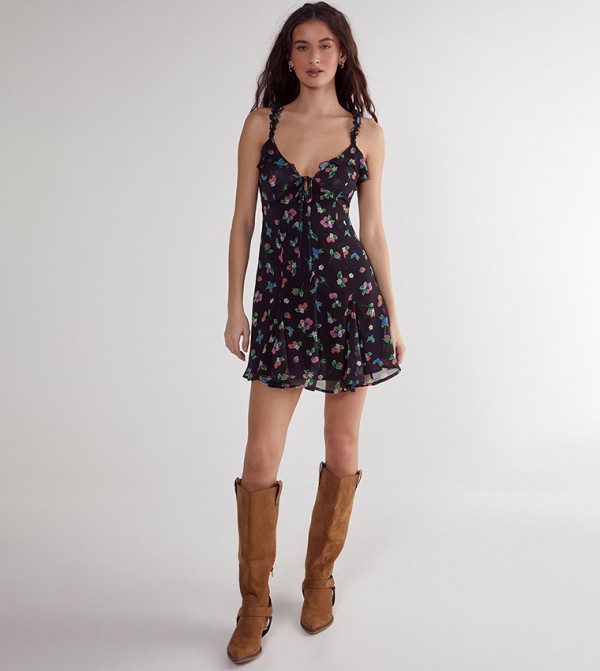 Fruit Ruffle Tie Front Mini Dress