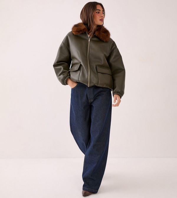 PU Faux Fur Collar Oversized Bomber Jacket