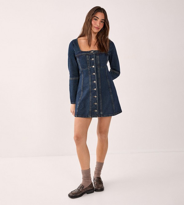 Button Through Long Sleeves Denim Corset Mini Dress