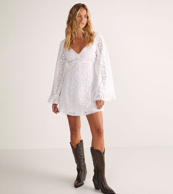 Broderie Lace Trim Ruffle Sleeves Mini Dress