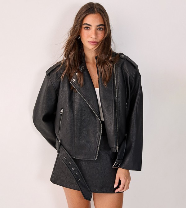 Textured Belted Cropped Faux Leather Biker Jacket