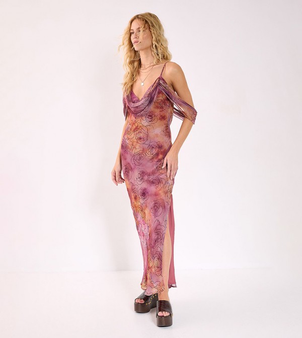 Floral Ombre Print Cowl Cold Shoulder Bias Maxi Dress