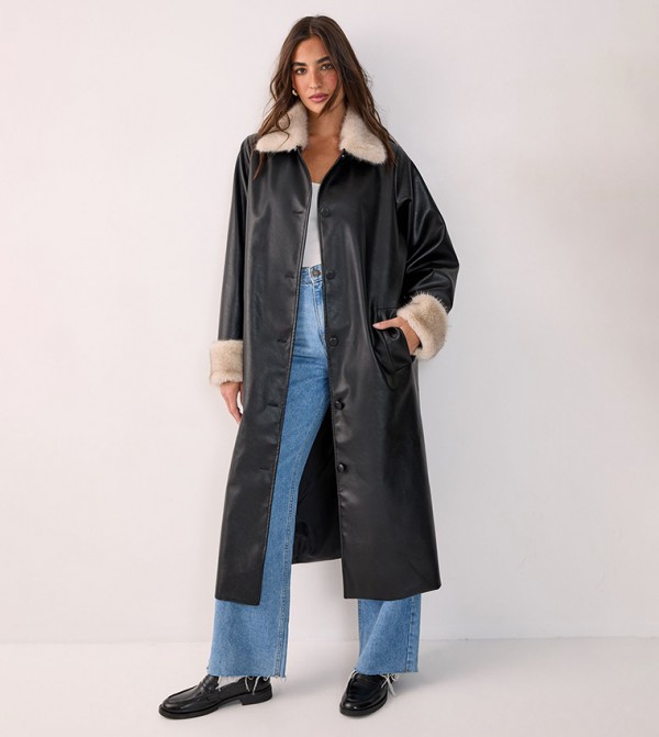 Fur Trim Faux Leather Longline Coat