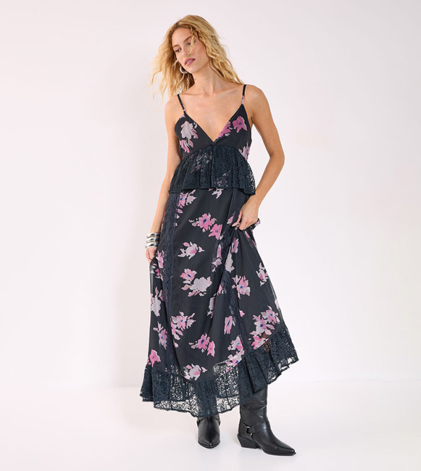 Floral Print Chiffon Lace Ruffle Maxi Dress