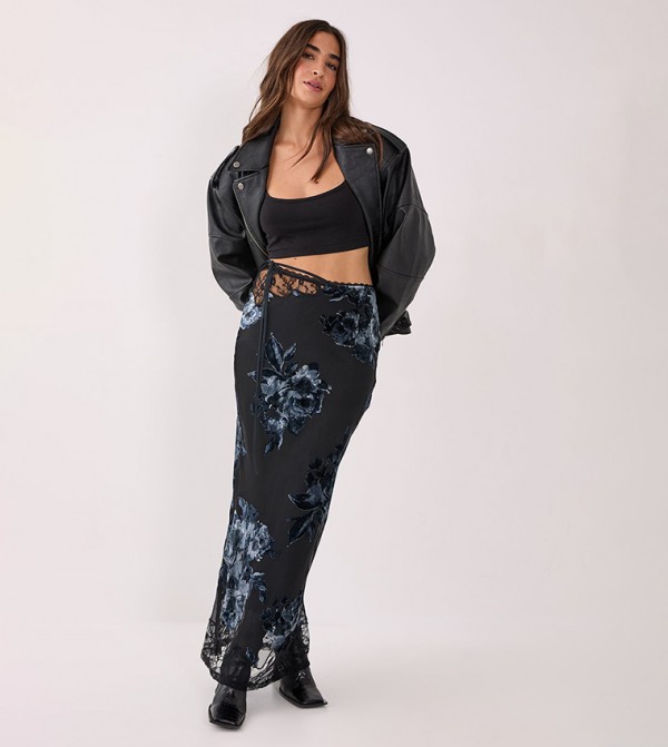 Floral Devore Lace Cut Out Tie Waist Maxi Skirt