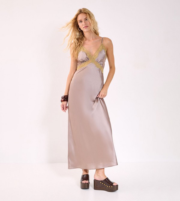 Satin Cutwork Lace Strappy Maxi Dress