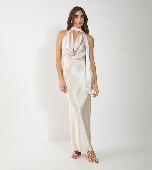 Satin Wrap High Neck Cowl Front Maxi Dress