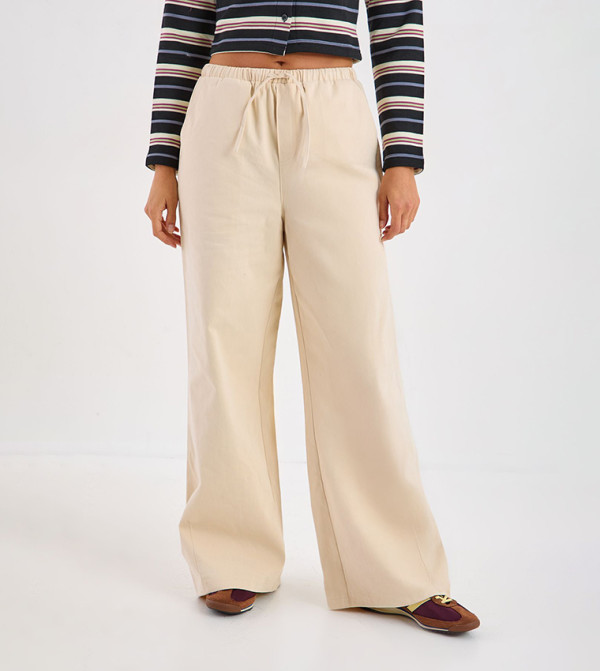 Solid Drawstring Waist Wide Leg Pants