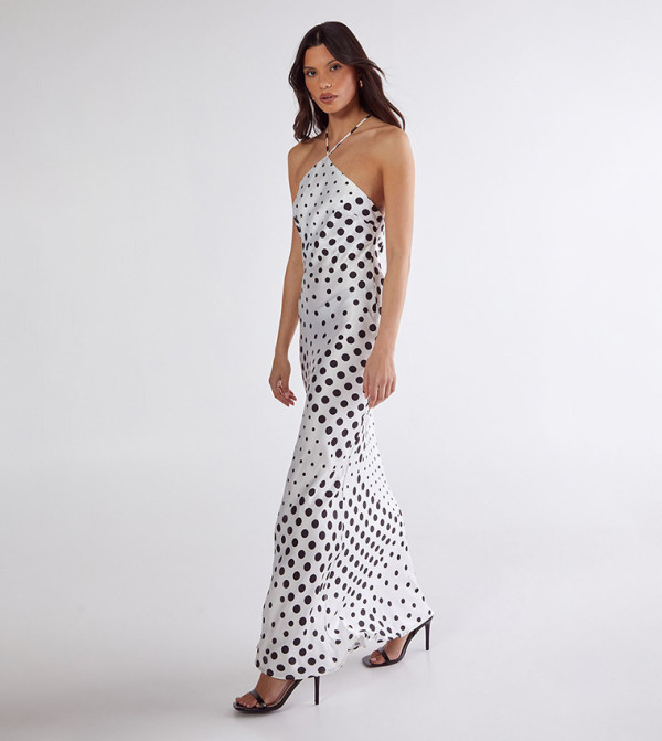 Satin Polka Dots Halterneck Cowl Back Maxi Dress