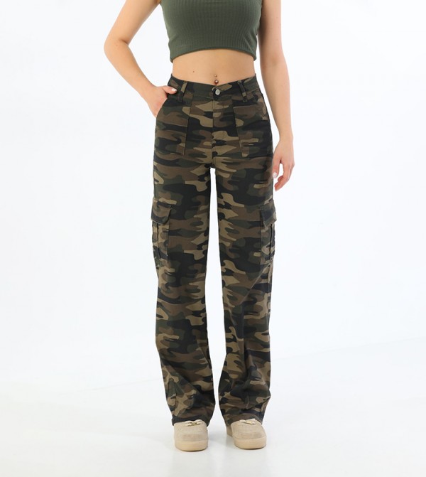 Buy BİKELİFE Camouflage Print High Waist Wide Leg Cargo Pants In Khaki ...