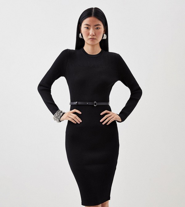 Buy Karen Millen Viscose Blend Rib Knitted Midi Belted Dress In Black