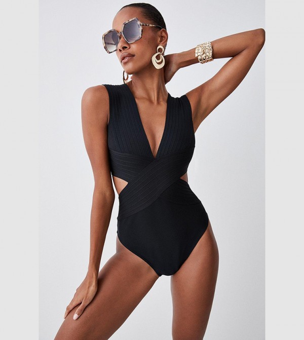 Black v neck one piece swimsuit online