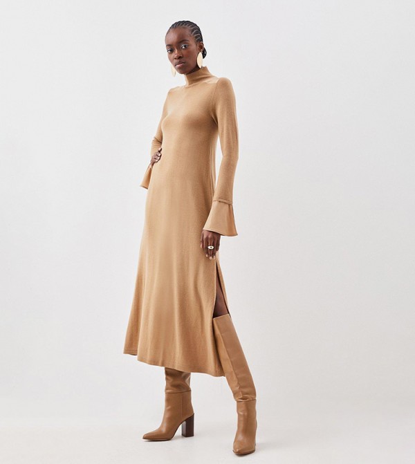 Merino Wool Silk Cuff Maxi Knit Dress