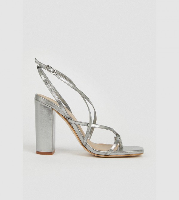 Buy Karen Millen Leather Strappy Block Heel Sandals in Silver 6thStreet UAE