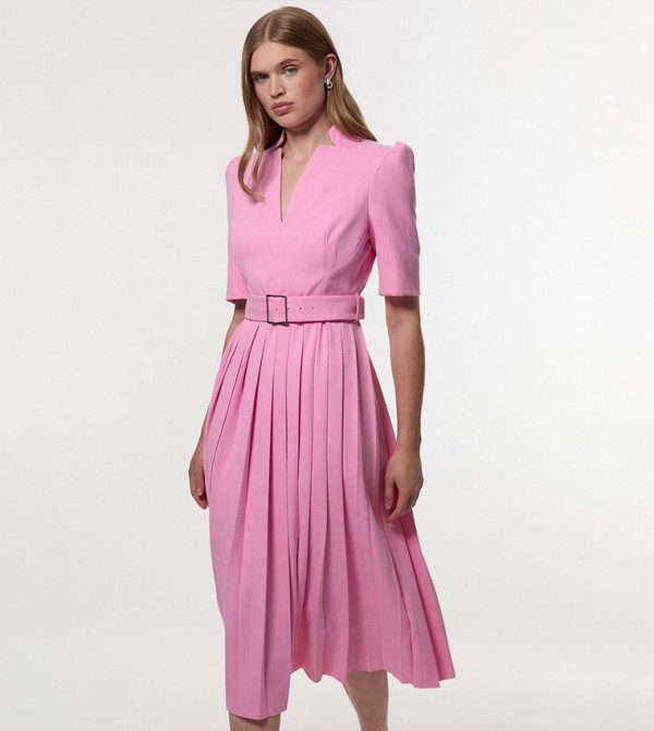 Tailored Structured Crepe Forever Pleat Belted Midi Dress