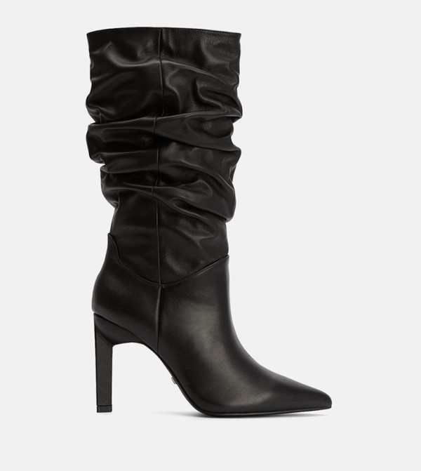 Suede Mid Calf Slouch Heeled Boots