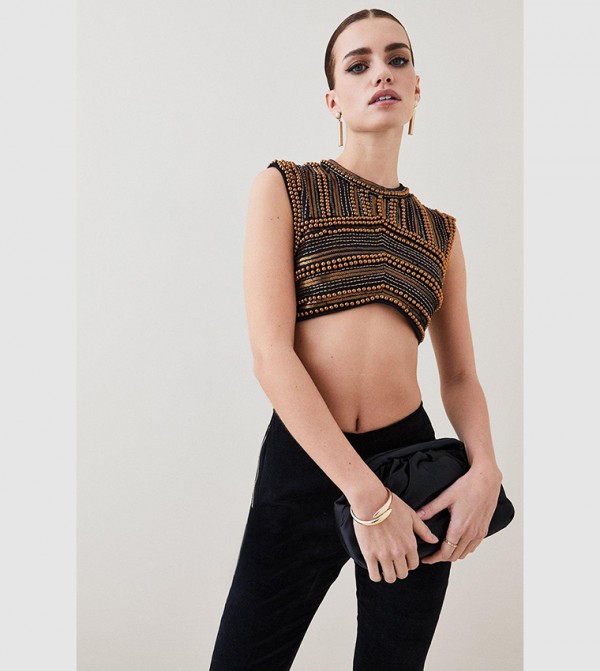 Buy Karen Millen Petite Geometric Beaded Armour Woven Crop Top In COPPER |  6thStreet Qatar