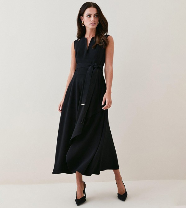 Buy Karen Millen Petite Compact Viscose Waterfall Midi Dress In Black ...