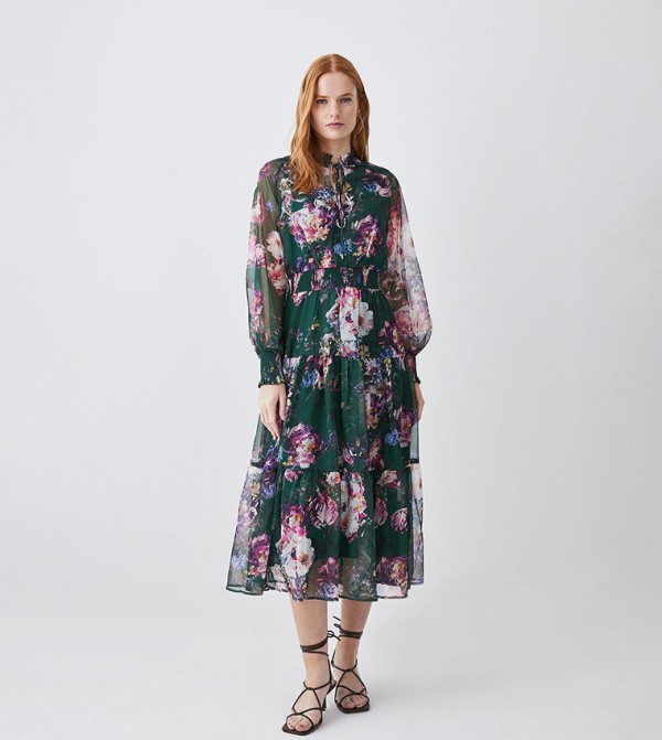 Buy Karen Millen Floral Shirred Detail Woven Maxi Dress In FLORAL ...