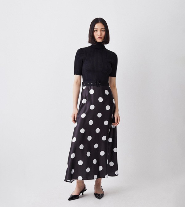 Buy Karen Millen Polka Dot Printed Satin Skirt Half Sleeve Rib Knit