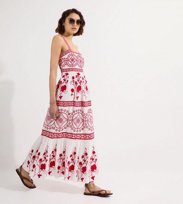 Floral & Geo Embroidered Woven Maxi Dress