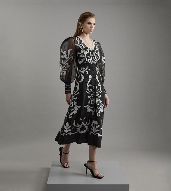 Tall Applique Organdie Buttoned Woven Maxi Dress