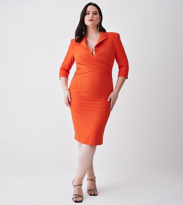 Buy Karen Millen Compact Crepe Wrap Waist Pencil Midi Dress in Orange 6thStreet UAE