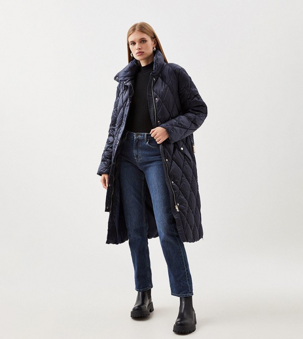 Buy Karen Millen Diamond Quilted Puffer Longline Belted Coat In Navy