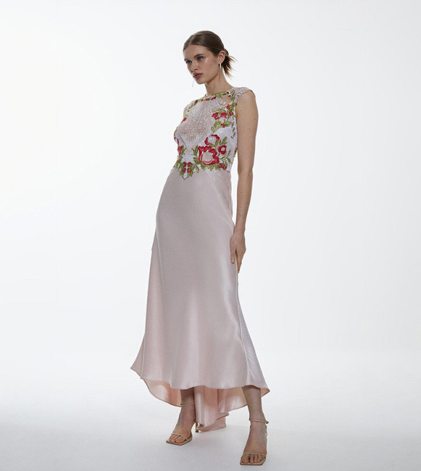 Buy Karen Millen Guipure Lace Satin Maxi Dress In Blush | 6thStreet Qatar