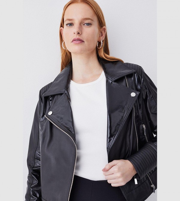 Buy Karen Millen Leather Patent Panel Detail Biker Jacket In Black ...